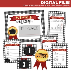 Printables Chili Cook Off Party - DIGITAAL - uitnodiging, stembiljetten, chilinummers, scorekaarten, prijscertificaten, deelnameformulieren voor wedstrijden
