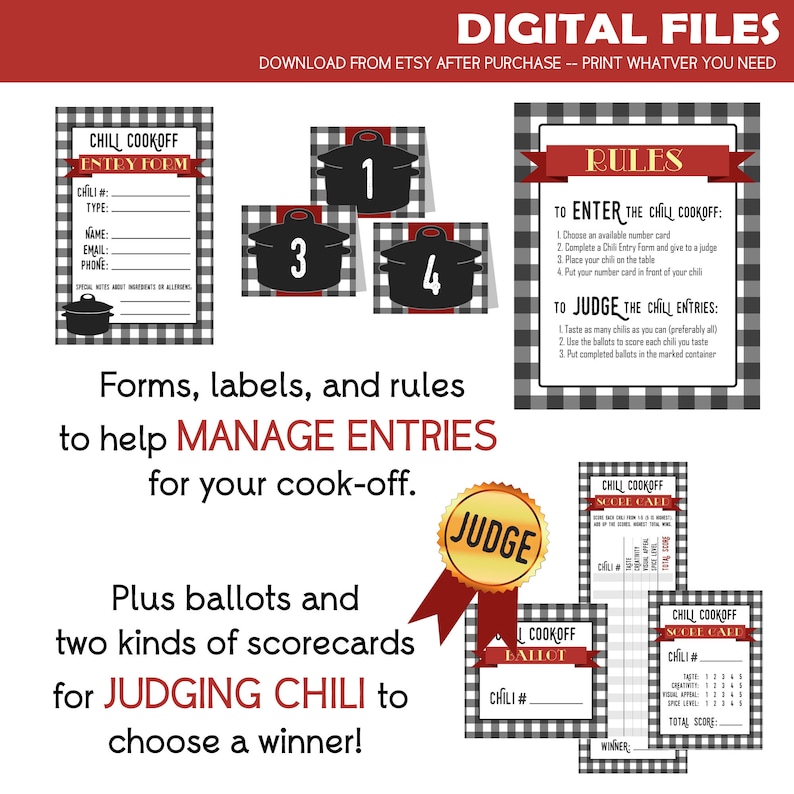 Chili Cook Off Party Printables DIGITAL Invitation, Voting Ballots, Chili Numbers, Score Cards, Award Certificates, Contest Entry Forms image 4