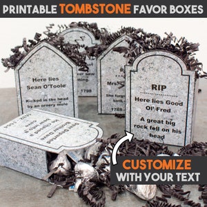 Tombstone Favor Boxes Printables DIGITAL Editable For Personalized Halloween Party Favors or Trick or Treat Packaging image 1