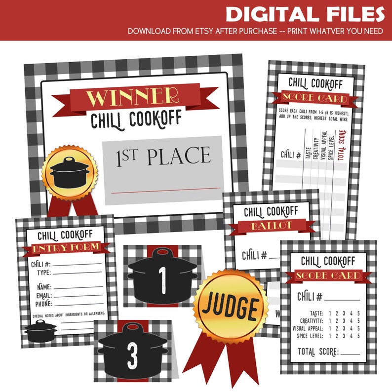 Chili Cook Off Party Printables DIGITAL Invitation, Voting Ballots, Chili Numbers, Score Cards, Award Certificates, Contest Entry Forms image 1