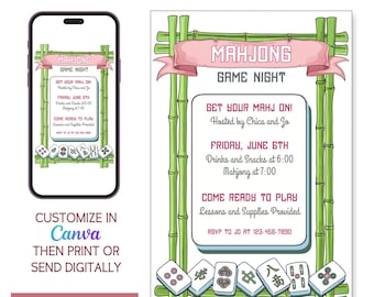 Mahjong Party Einladung - Sofortige digitale bearbeitbare Canva Vorlage - Druckbare Mahjong Party einladen - Bearbeitbare Canva Einladungsvorlage
