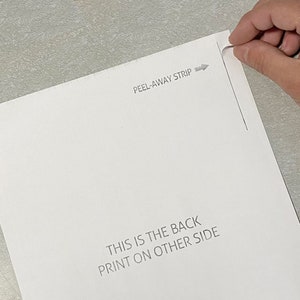 May include: A white sheet of paper with a peel-away strip at the top. The text "PEEL-AWAY STRIP" is printed above the strip. The text "THIS IS THE BACK PRINT ON OTHER SIDE" is printed at the bottom of the sheet.