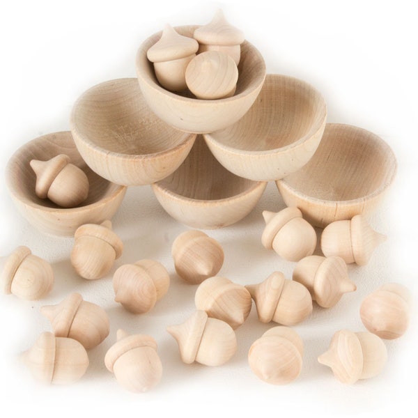 Wooden Acorns Counting & Sorting Kit - Unfinished Wood Set of 20 Acorns and 6 Bowls