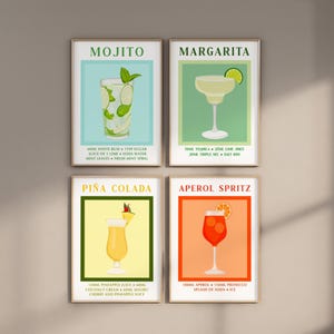 Colección Summer Sips, juego de 4 impresiones de cócteles, arte mural tropical, carrito de bar para cocina, decoración del hogar, margarita, mojito, piña colada, Aperol Spritz