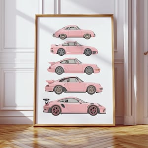 Arte de pared Porsche rosa, impresión de coche retro, póster Porsche 911 Evolution, decoración automotriz moderna, descarga digital, regalo para amantes de los coches, arte de garaje