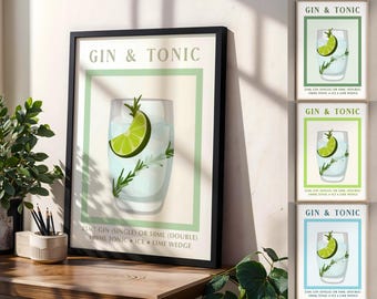 Gin and Tonic Printable Wall Art Cocktail Kitchen Decor Modern Bar Poster Drink Recipe Print Digital Download Art Print