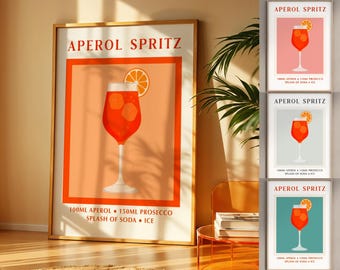 Póster de cóctel imprimible con Aperol Spritz, bebida de verano, decoración de cocina, receta naranja, impresión digital, arte de bar, hogar moderno, descarga