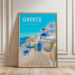 Greece Santorini Wall Art Print Digital Travel Poster Printable Greek Island Decor Blue Dome White Houses Aegean Sea Landscape Artwork