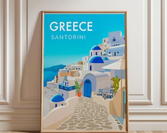 Santorin, Grèce, impression d'art mural, affiche de voyage numérique, décoration d'île grecque imprimable, dôme bleu, maisons blanches, oeuvre d'art paysage de la mer Égée