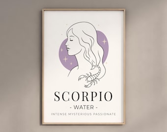 Arte de pared del zodiaco Escorpio, impresión digital de Escorpio, póster del signo de agua, decoración del horóscopo, arte lineal de astrología, regalo imprimible para ella, arte del signo estelar