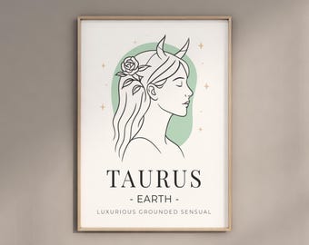 Taurus Zodiac Wall Art Print Digital Download Earth Sign Astrology Poster Modern Minimalist Boho Decor Taurus Gift Star Sign Printable