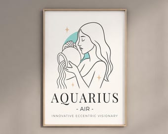 Arte de pared digital imprimible con el signo del zodiaco Acuario, póster astrológico, signo de aire, decoración bohemia para el hogar, arte minimalista del horóscopo, descarga instantánea