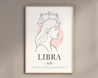 May include: A framed art print featuring a Libra zodiac sign illustration. The artwork depicts a woman's profile with a scale above her head, set against a pink circle. The word "LIBRA" is displayed below, along with "AIR" and other descriptive words.