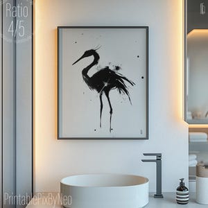 Impresión artística minimalista de pájaros en tinta: elegantes siluetas de grulla y garza. Decoración de pared en blanco y negro. Hasta 91 cm. Firmada por Neo.