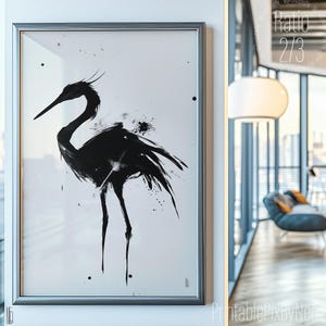 Impresión artística minimalista de pájaros en tinta: elegantes siluetas de grulla y garza. Decoración de pared en blanco y negro. Hasta 91 cm. Firmada por Neo.