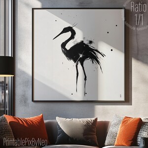 Impresión artística minimalista de pájaros en tinta: elegantes siluetas de grulla y garza. Decoración de pared en blanco y negro. Hasta 91 cm. Firmada por Neo.