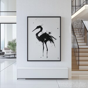 Impresión artística minimalista de pájaros en tinta: elegantes siluetas de grulla y garza. Decoración de pared en blanco y negro. Hasta 91 cm. Firmada por Neo.