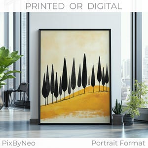 Arte murale con paesaggio toscano - Murale minimalista con cipresso giallo e nero / Stampa o download digitale della natura astratta / Poster italiano