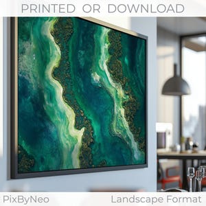 Fluss Ozean Luftbild – Landschaft Poster in Grün und Blau – Natur Delta Druck – Download oder Premium Papierdruck Versand weltweit