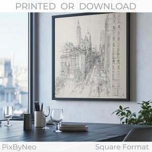 Mural de bocetos de la ciudad de Nueva York: dibujo cuadrado a lápiz del horizonte de Nueva York / Póster de arte urbano moderno / Impresión o descarga digital