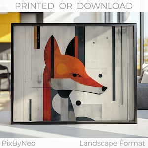 Paesaggio astratto con volpe – Stampa murale Bauhaus moderna in arancione e grigio – Murale minimalista con animali geometrici – Poster digitale o stampato