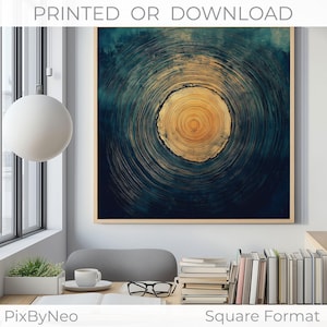 Arte murale astratta con anelli d'albero - Stampa a olio blu e oro o digitale / Formato quadrato ispirato alla natura / Decorazione su tela impressionista