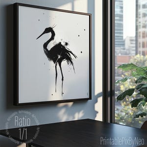 Impresión artística minimalista de pájaros en tinta: elegantes siluetas de grulla y garza. Decoración de pared en blanco y negro. Hasta 91 cm. Firmada por Neo.