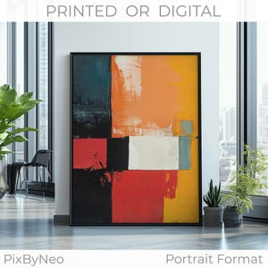 Arte astratta minimalista quadrata – Decorazione murale geometrica arancione, gialla, nera e bianca – Stampa o download digitale di dipinti moderni e audaci