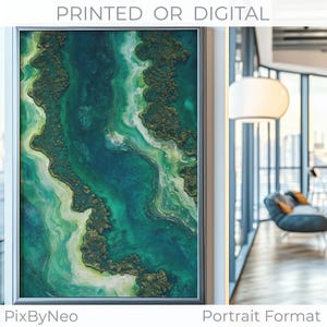 Arte mural aéreo de río y océano: póster de paisaje natural en verde y azul, impresión de mural fluvial, descarga y distribución de papel a nivel mundial
