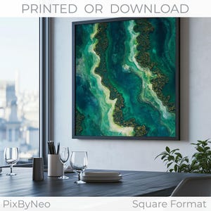 Impresión aérea cuadrada de río y océano: arte mural natural con islas en verde y azul. Póster de paisaje realista. Impresión internacional o descarga.