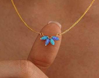 Natural Opal Flower Necklace, Minimalist Opal Charm Necklace, Marquise White Opal Pendant, Handcrafted Blue Opal Jewelry, Mothers Day Gift