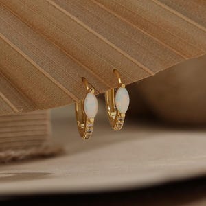 May include: A pair of gold hoop earrings with white opal-shaped center stones. The earrings have a small row of clear stones along the bottom edge. The earrings are displayed on a brown, textured surface.