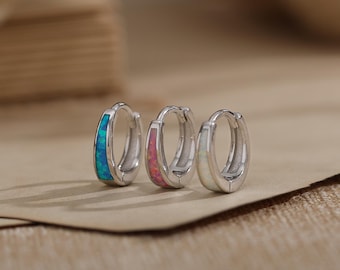 Dainty Opal Hoop Earrings, White Blue Pink Opal Earrings for Women, Minimalist Opal Jewelry, Small Huggie Earrings, Elegant Mom Gift for Her