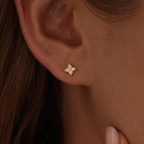 Mini Flower Opal Stud Earrings, Gold/Silver Stud Earrings, Minimalism Opal Earrings, Bridesmaid Gift, Birthday Gift, Christmas Gift for Her