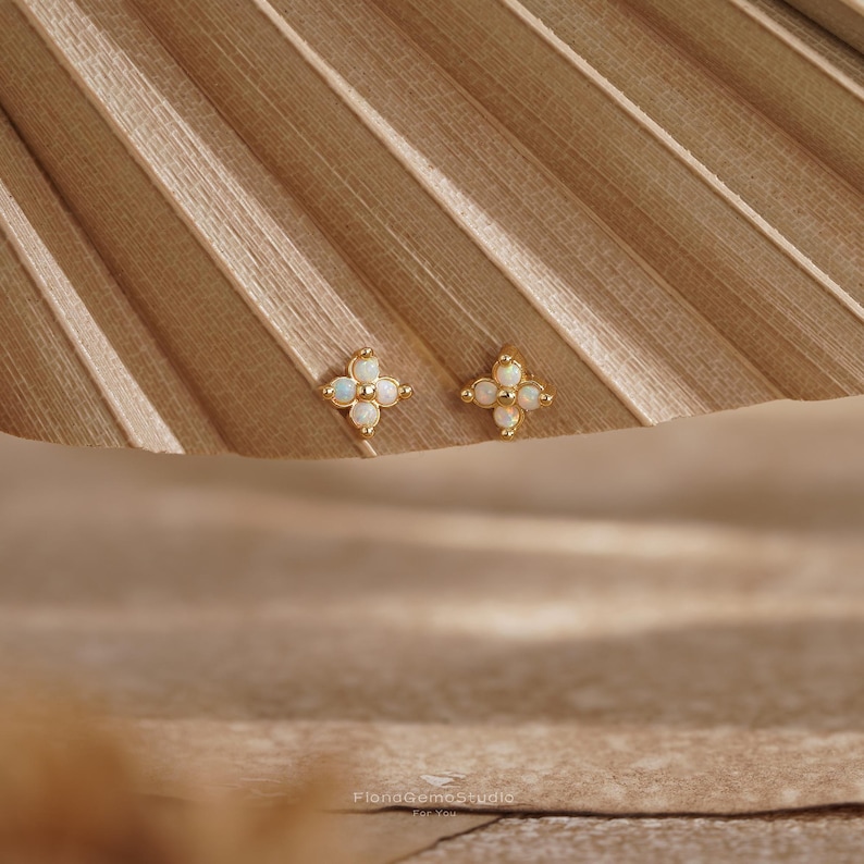 Mini Flower Opal Stud Earrings, Gold/Silver Stud Earrings, Minimalism Opal Earrings, Bridesmaid Gift, Birthday Gift, Christmas Gift for Her