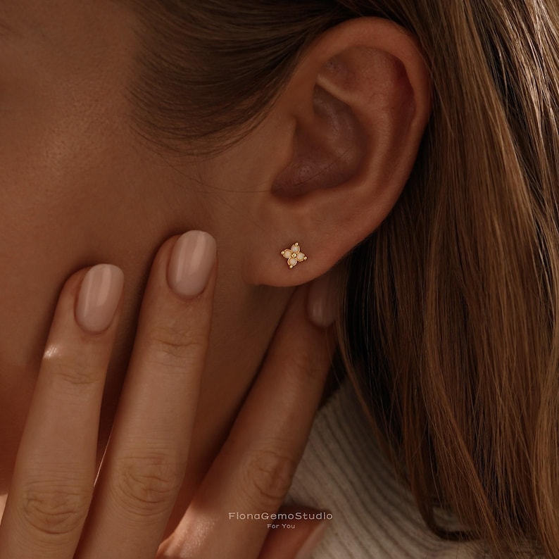 Mini Flower Opal Stud Earrings, Gold/Silver Stud Earrings, Minimalism Opal Earrings, Bridesmaid Gift, Birthday Gift, Christmas Gift for Her
