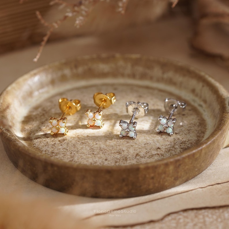 Mini Flower Opal Stud Earrings, Gold/Silver Stud Earrings, Minimalism Opal Earrings, Bridesmaid Gift, Birthday Gift, Christmas Gift for Her