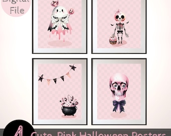 Láminas decorativas rosas para pared con temática de Halloween, conjunto de galería espeluznante (descarga digital)