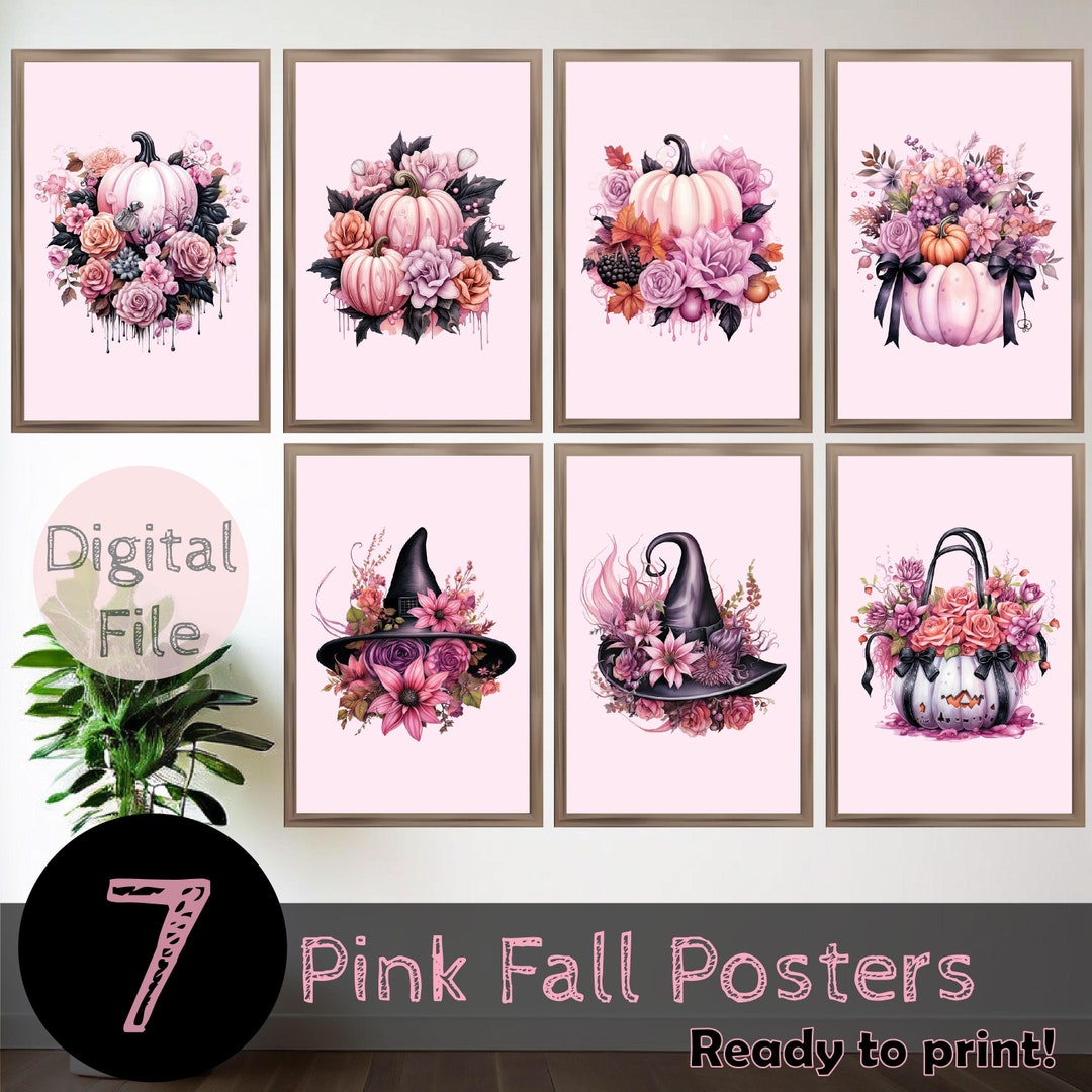 Pink Fall Decor Wall Art Set, 7 Halloween Printable Bundle Posters ...