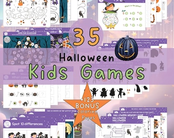 May include: A digital file featuring 35 Halloween-themed kids' games and over 123 bonus coloring pages. The image includes various game sheets with illustrations of witches, pumpkins, and other Halloween elements. The text "Halloween Kids Games" is prominently displayed.
