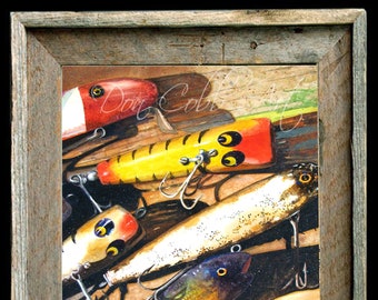 Fishing Lure Art, Barn Wood Framed, Vintage Lures, Two Sizes