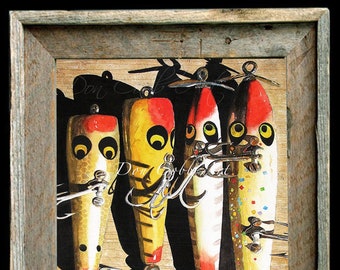 Fishing Lure Art_Lake House Decor_Barn Wood Framed_Eye Love Lures_Signed_2 Sizes