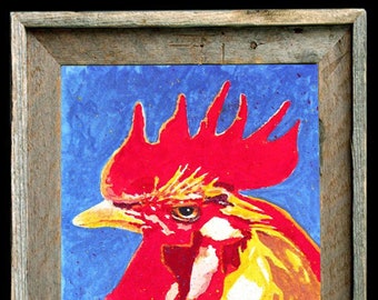 Rooster Chicken Art, Barn Wood Framed, Rooster Poppa, Print Signed, Two Sizes
