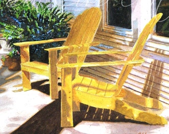 Adirondack, Wooden Lawn Porch Chairs Art, Yellow Chairs, Art Prints, Framed Prints, Canvas Gallery Wrap Prints