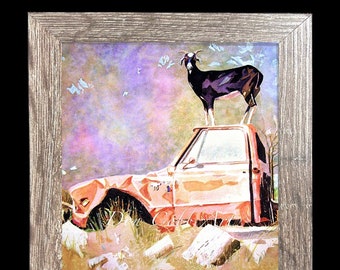 Goat Art, Chevy Truck Art "Chevy Half Ton Goat" Barn Wood Framed, Signed, 3 Sizes