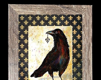 Fleur de Lis - Crow - Raven - Art - Framed - Matted - Distressed - Finders/Keepers - Signed Print - 3 Frame Sizes - Handmade In Louisiana
