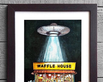 Waffle House, Flying Saucer, UFO, Aliens, Breakfast, Pancakes, Restaurant Art, Framed, Signed Prints (3 Sizes)