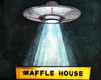 Waffle House Flying Saucer, Take me To Your Leader, UFO, Aliens, Space Ship, Art Prints, Framed Prints, Canvas Gallery Wrap Prints