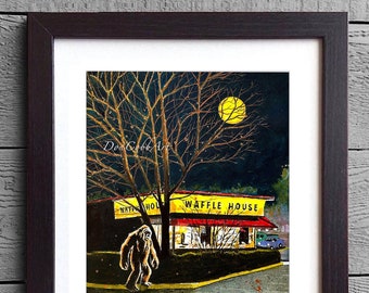 Bigfoot Waffle House - Full Moon - Breakfast, Pancakes, Restaurant Art, Framed, Signed Prints (3 Sizes)