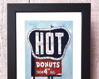 Original Watercolor Painting, Shreveport, Southern Maid Donuts, Hearne Ave., Neon Sign "Hot Donuts" NOT A PRINT - Free Shipping